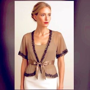 Vintage Y2K JOOLAY Antique Gold Sheer Silk Bolero Blouse Jewel Encrusted Trim S